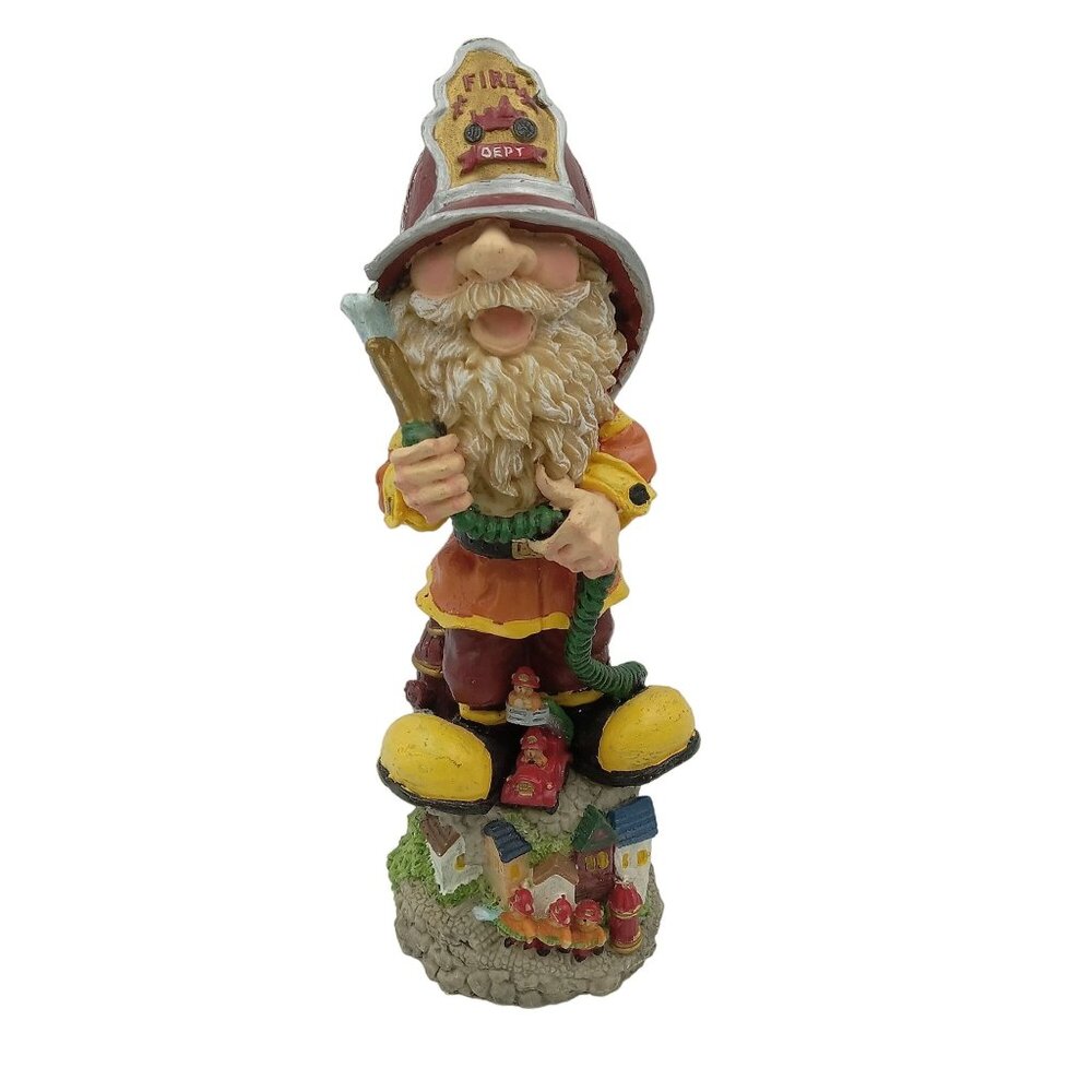 Vintage Fireman Figurine Holding Hose, Wearing Hat, Small Fire Truck